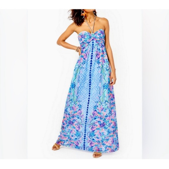 Lilly Pulitzer Viv Halter Maxi Dress 8 Multi Hidden Treasure Engine Resort NEW